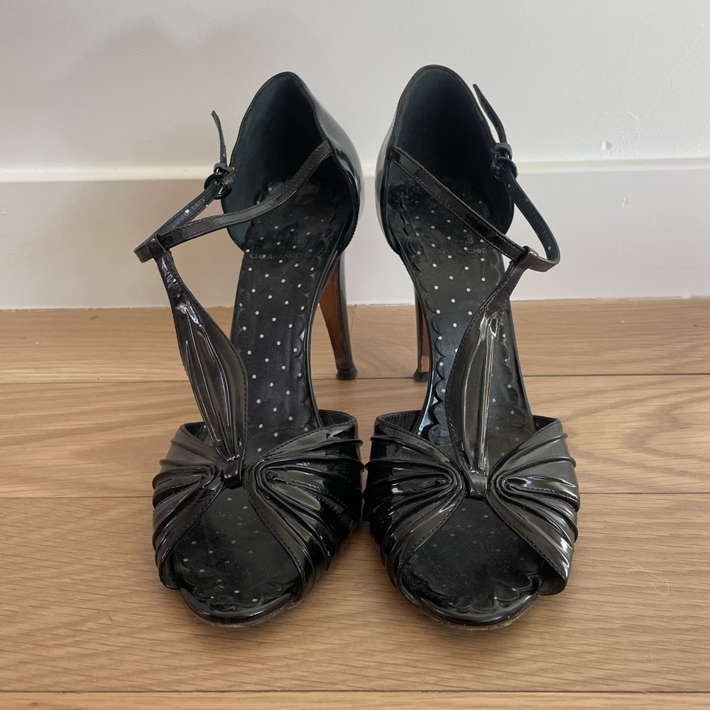 Moschino Black Patent Leather T-Strap High Heels